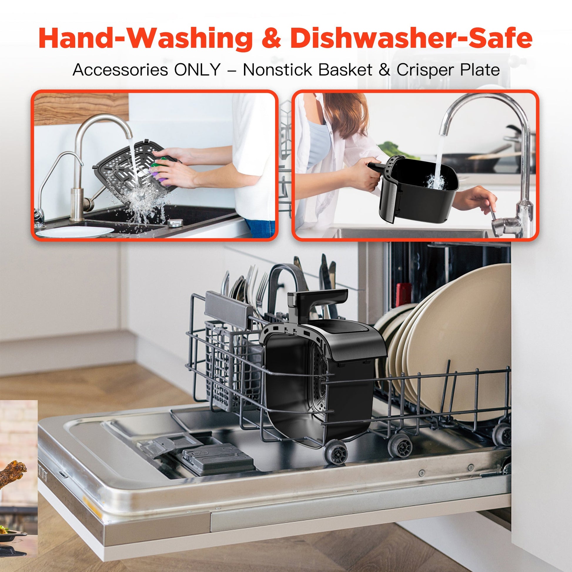 Dishwasher with accessories for hand-washing and dishwasher use, featuring text about safety.