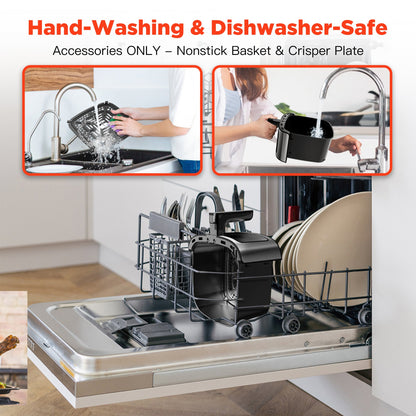 Dishwasher with accessories for hand-washing and dishwasher use, featuring text about safety.