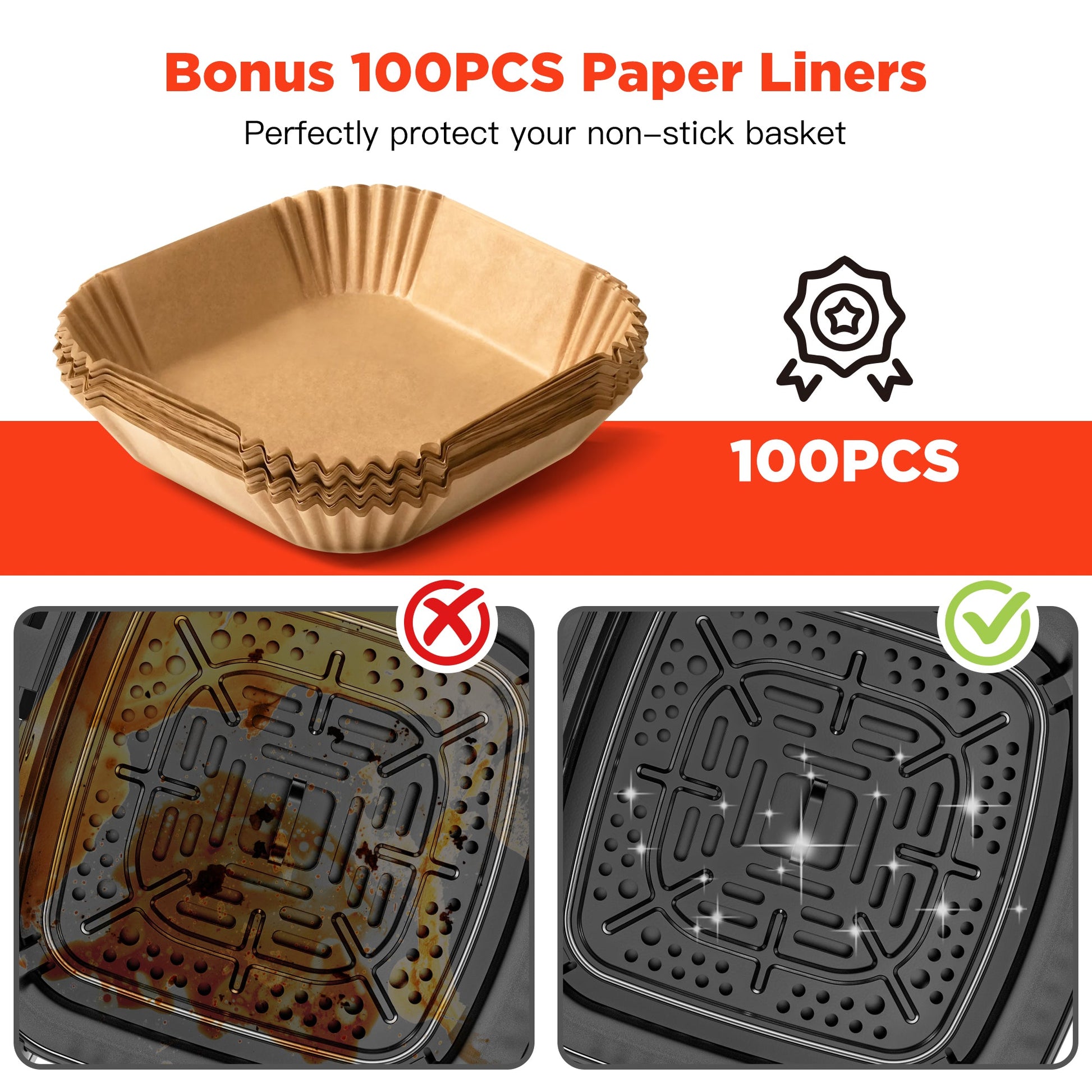 100PCS paper liners for non-stick basket with before and after images showing effectiveness.