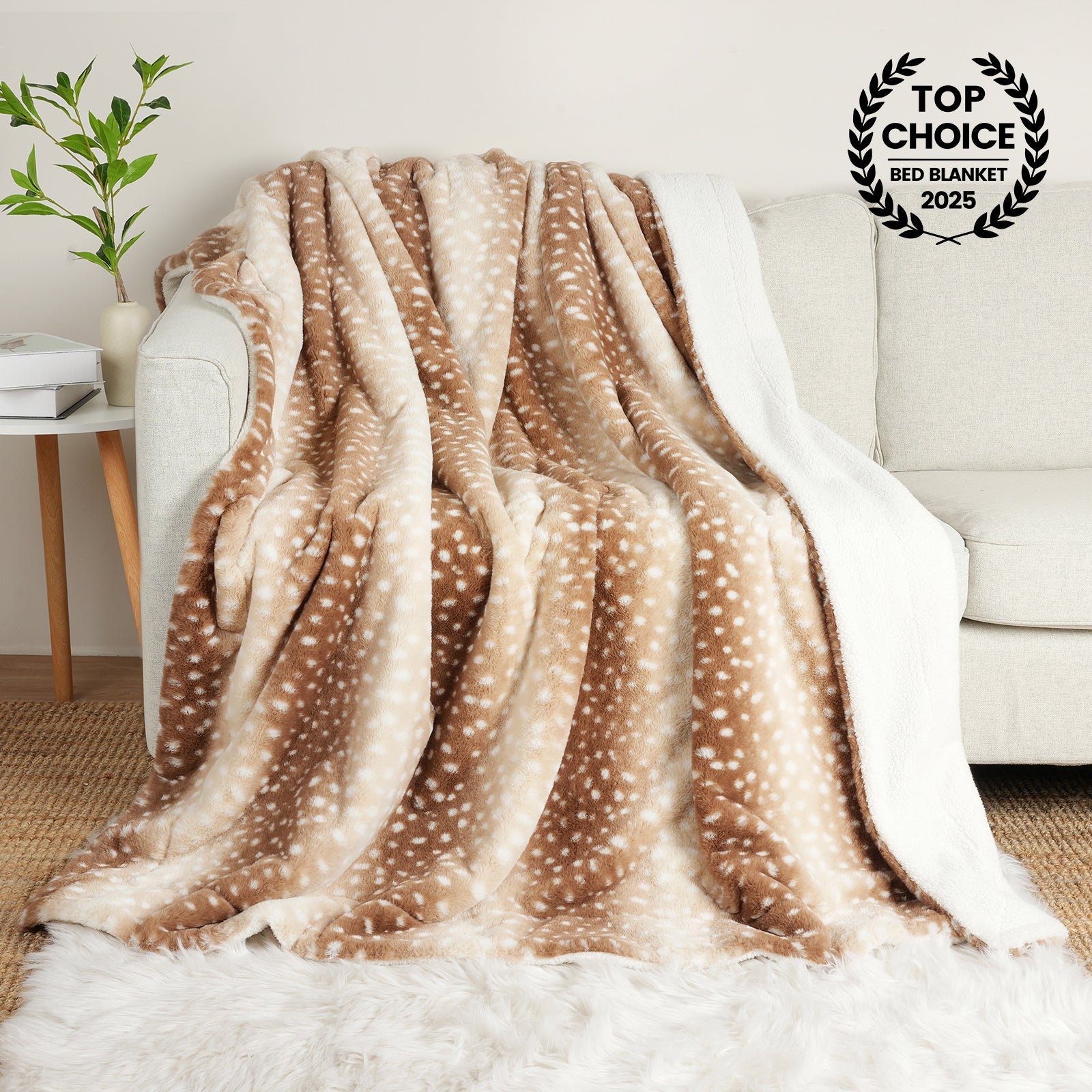 Brown and white patterned blanket draped over a couch with a 'Top Choice' award badge.