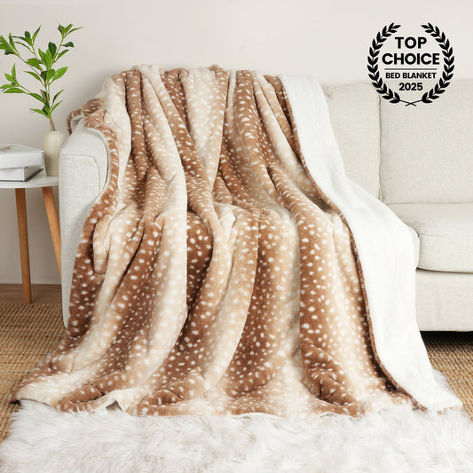Brown and white patterned blanket draped over a couch with a 'Top Choice' award badge.