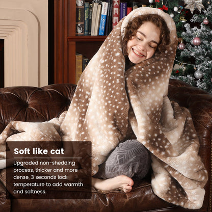 Person wrapped in a soft, plush blanket on a couch with a Christmas tree in the background