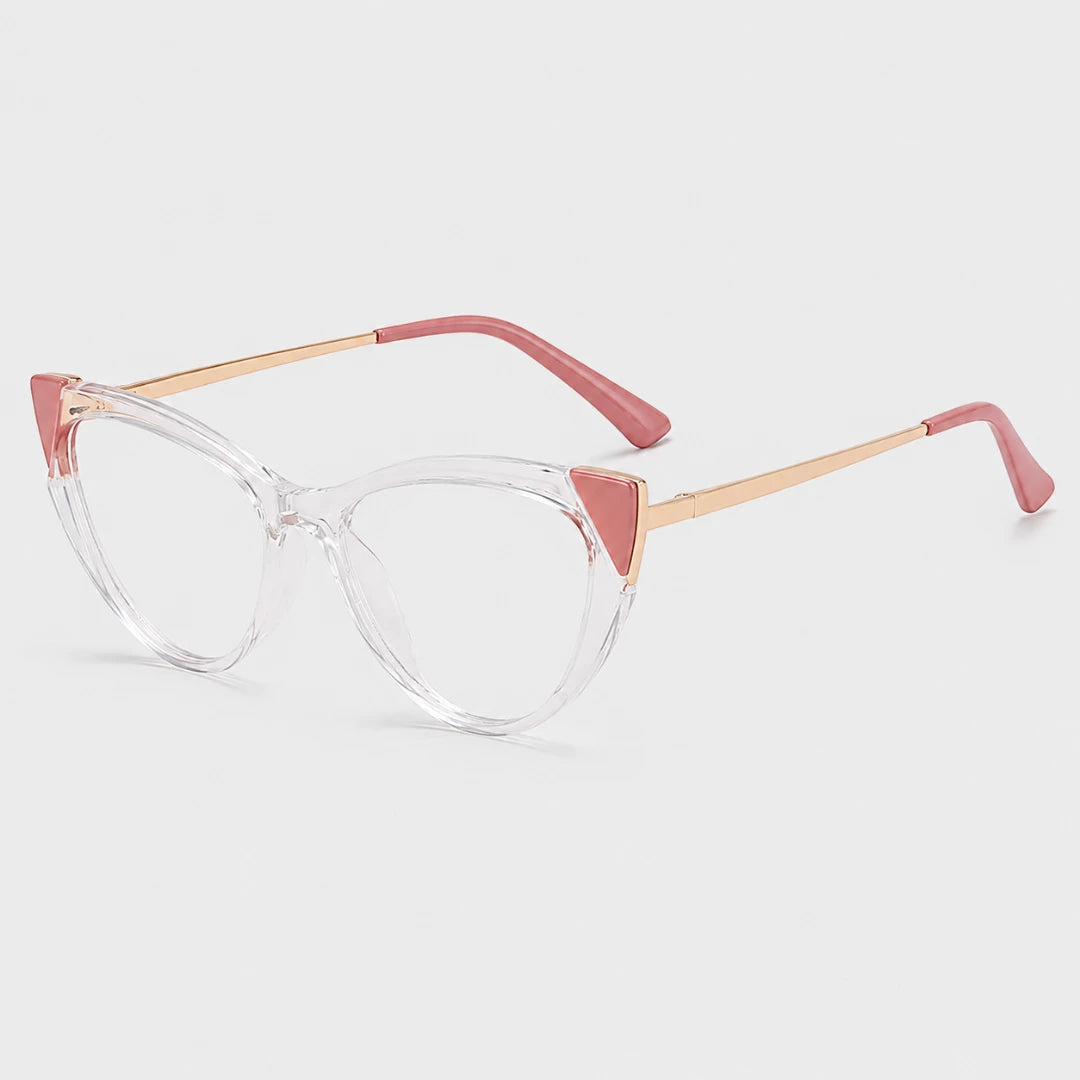 Josh & Tate - FelineFrame™ Blue Light Glasses - Clear cat-eye eyeglasses with rose gold metal temples and pink triangular accents at the temples, shown on a light gray background.