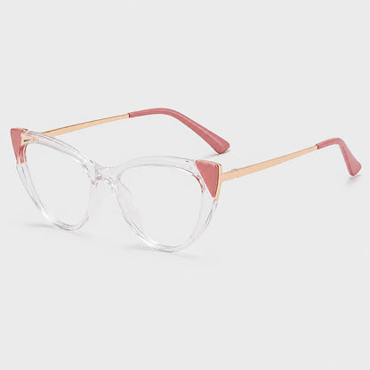 Josh & Tate - FelineFrame™ Blue Light Glasses - Clear cat-eye eyeglasses with rose gold metal temples and pink triangular accents at the temples, shown on a light gray background.