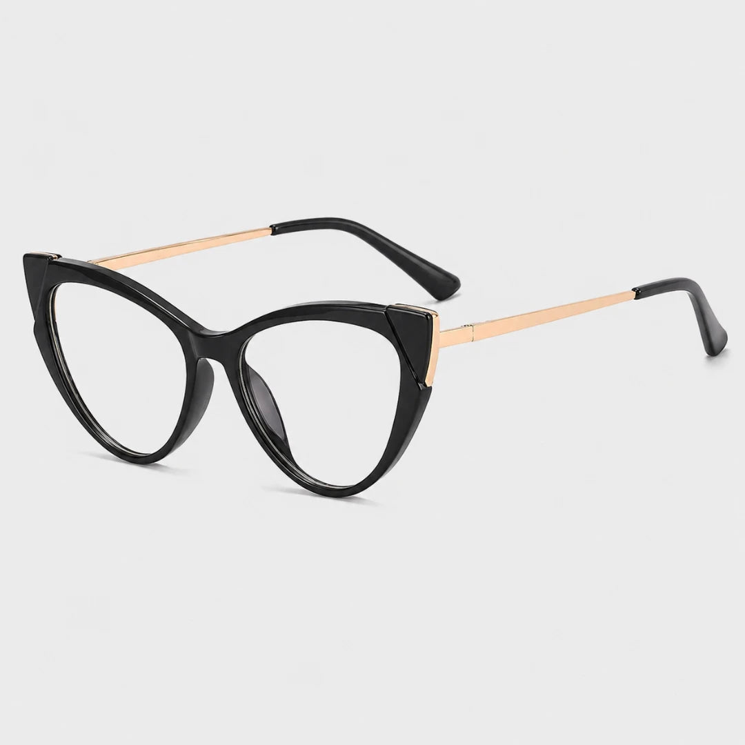 Josh & Tate - FelineFrame™ Blue Light Glasses - Black cat-eye glasses with gold accents on a white background