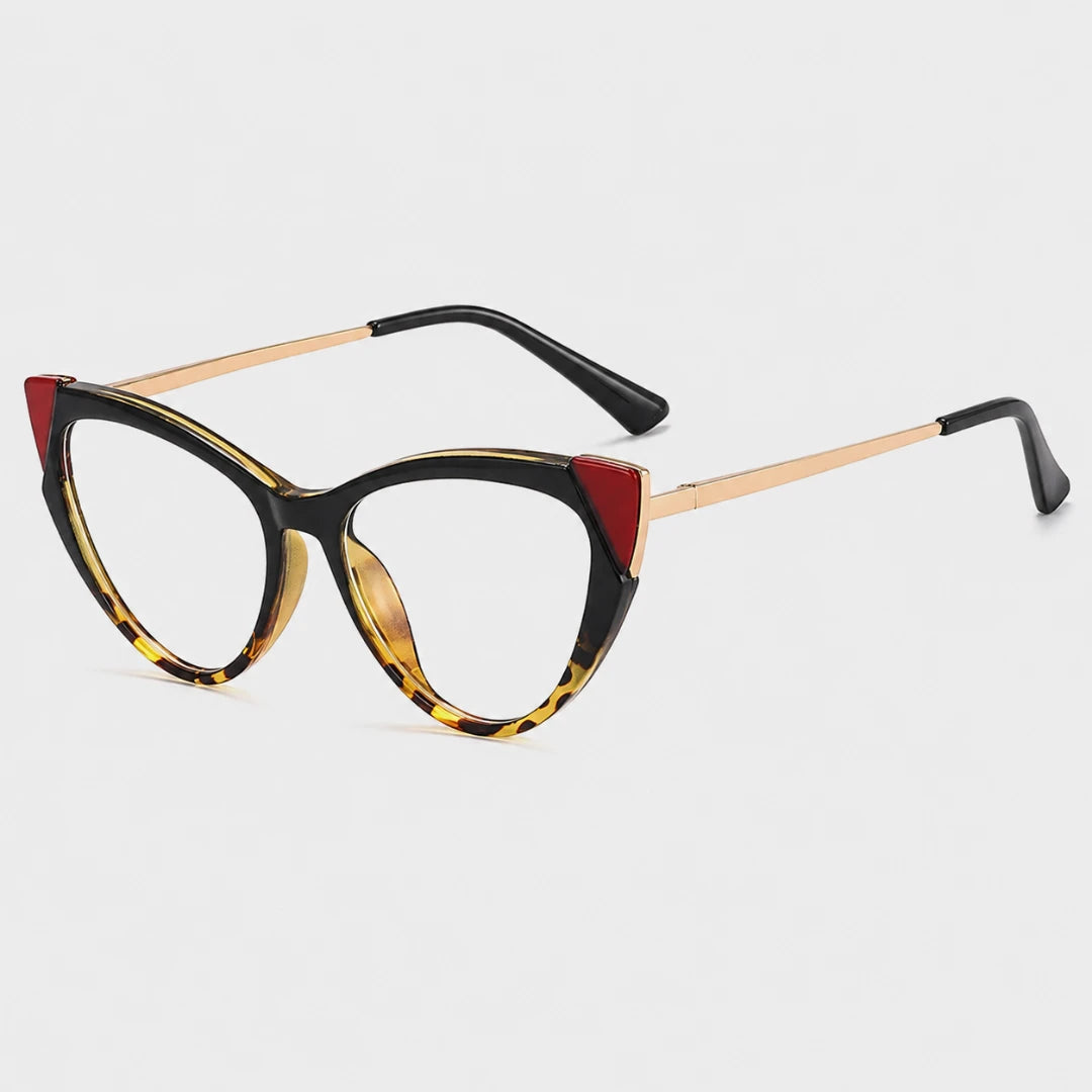 Josh & Tate - FelineFrame™ Blue Light Glasses - Cute cat-eye eyeglasses featuring a black front frame with red triangular accents, tortoiseshell-patterned lower rims, and slim gold-tone temples.