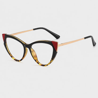 Josh & Tate - FelineFrame™ Blue Light Glasses - Cute cat-eye eyeglasses featuring a black front frame with red triangular accents, tortoiseshell-patterned lower rims, and slim gold-tone temples.