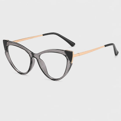 Josh & Tate - FelineFrame™ Blue Light Glasses - Cat-eye eyeglasses featuring a translucent dark gray acetate frame with gold metal accents at the hinge and temples, set against a light gray background.