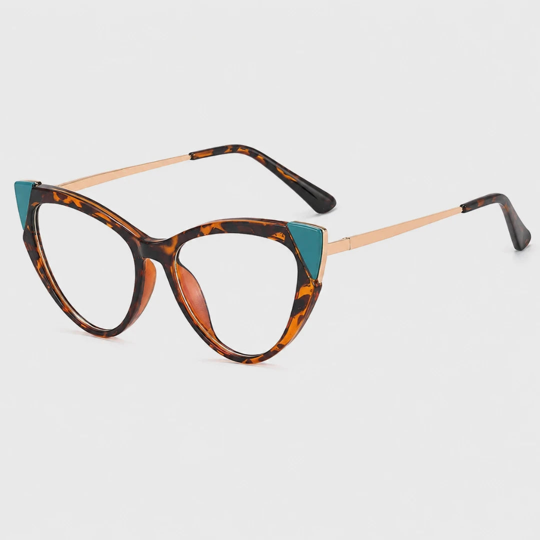 Josh & Tate - FelineFrame™ Blue Light Glasses - Cute cat-eye eyeglasses featuring a tortoiseshell pattern with teal triangle accents on the temples and rose gold metal arms, shown on a light gray background.