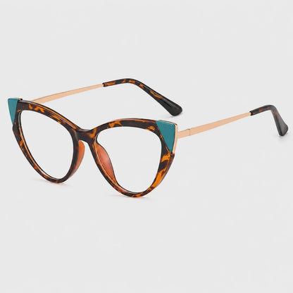 Josh & Tate - FelineFrame™ Blue Light Glasses - Cute cat-eye eyeglasses featuring a tortoiseshell pattern with teal triangle accents on the temples and rose gold metal arms, shown on a light gray background.