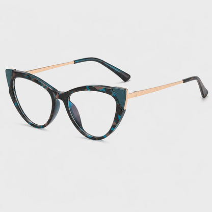 Josh & Tate - FelineFrame™ Blue Light Glasses - Cat-eye eyeglasses featuring a dark tortoiseshell pattern with teal-blue accents, gold metal temples, and clear lenses, shown on a light gray background.