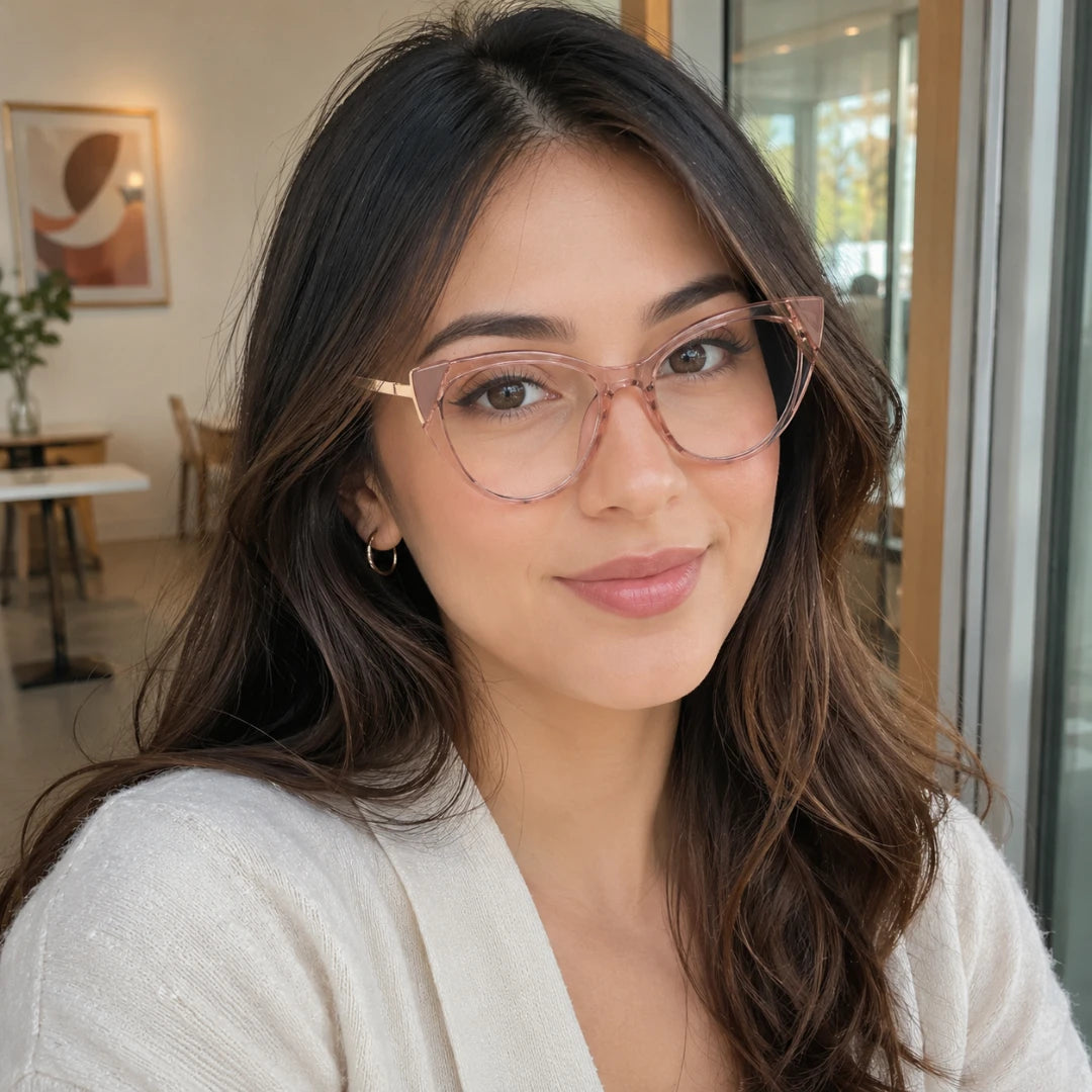 Josh & Tate - FelineFrame™ Blue Light Glasses - A woman with long dark brown hair wearing a pair of translucent pink cat-eye eyeglasses and a white knit top, photographed in a bright indoor setting.