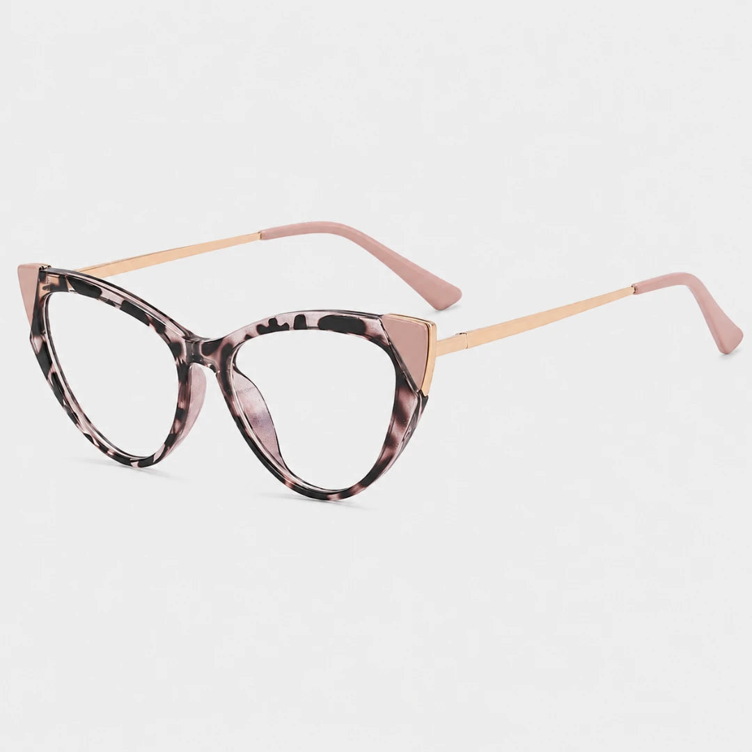 Josh & Tate - FelineFrame™ Blue Light Glasses - Cat-eye eyeglasses featuring a pink and black tortoiseshell pattern on the front frames, light pink cat-ear tips, and slim rose gold metal temples on a light gray background.