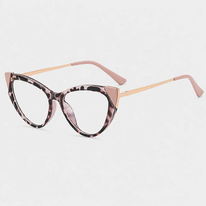Josh & Tate - FelineFrame™ Blue Light Glasses - Cat-eye eyeglasses featuring a pink and black tortoiseshell pattern on the front frames, light pink cat-ear tips, and slim rose gold metal temples on a light gray background.