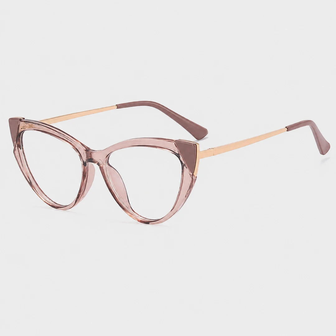 Josh & Tate - FelineFrame™ Blue Light Glasses - Cat-eye eyeglasses with a translucent dusty rose pink frame and gold metal temples, shown on a light gray background.