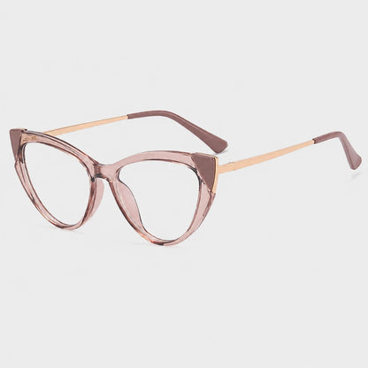 Josh & Tate - FelineFrame™ Blue Light Glasses - Cat-eye eyeglasses with a translucent dusty rose pink frame and gold metal temples, shown on a light gray background.