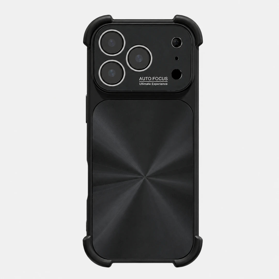 Josh & Tate - FlareShield™ iPhone Case - A black protective phone case with a metallic textured back panel and a raised camera bar labeled 'AUTO FOCUS Ultimate Experience', shown on a light gray background.