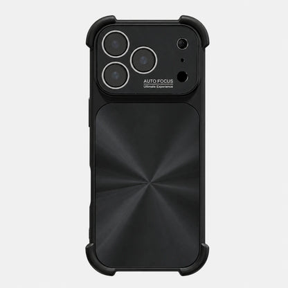 Josh & Tate - FlareShield™ iPhone Case - A black protective phone case with a metallic textured back panel and a raised camera bar labeled 'AUTO FOCUS Ultimate Experience', shown on a light gray background.