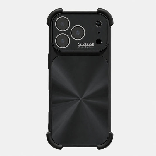 Josh & Tate - FlareShield™ iPhone Case - A black protective phone case with a metallic textured back panel and a raised camera bar labeled 'AUTO FOCUS Ultimate Experience', shown on a light gray background.