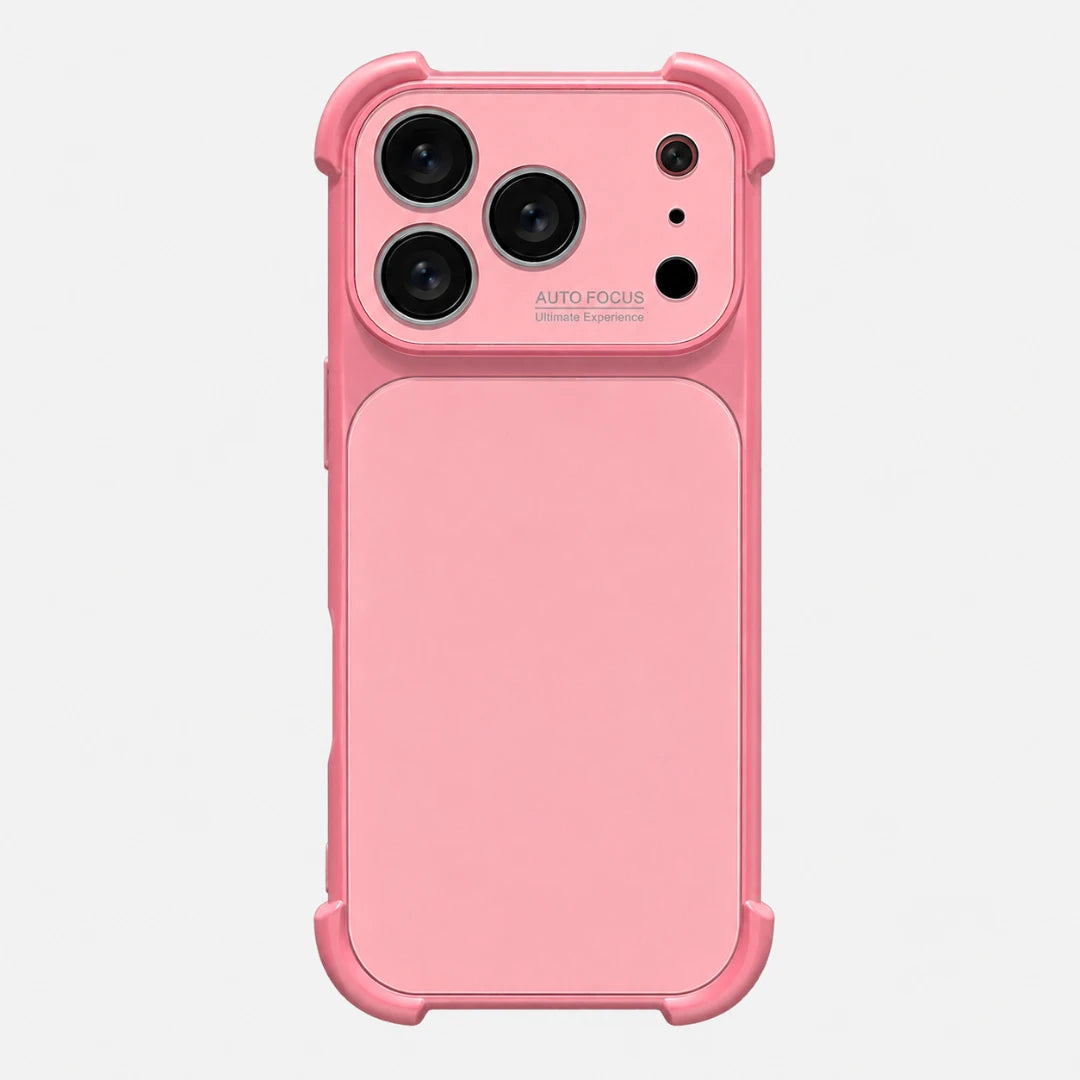 Josh & Tate - FlareShield™ iPhone Case - A pink protective phone case with a large integrated battery or power bank panel on the back, shown on a light gray background.