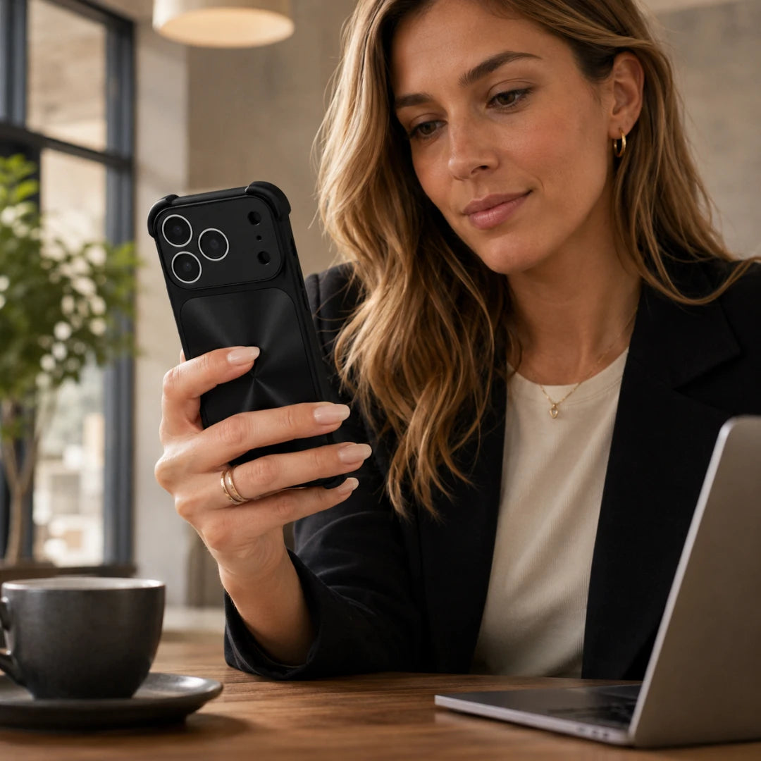 Josh & Tate - FlareShield™ iPhone Case - A woman in a black blazer and cream shirt holds a black smartphone case with a built-in camera lens protector while sitting at a wooden table with a laptop and coffee cup.