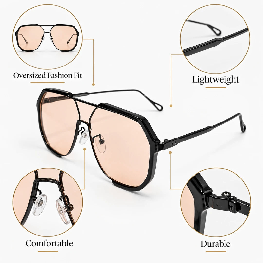 Josh & Tate - FlexFrame™ Bold Frame Glasses - Black aviator-style sunglasses with light pink lenses, shown on a light gray background with four circular callout insets highlighting oversized fashion fit, lightweight construction, comfortable nose pads, and durable hinges.