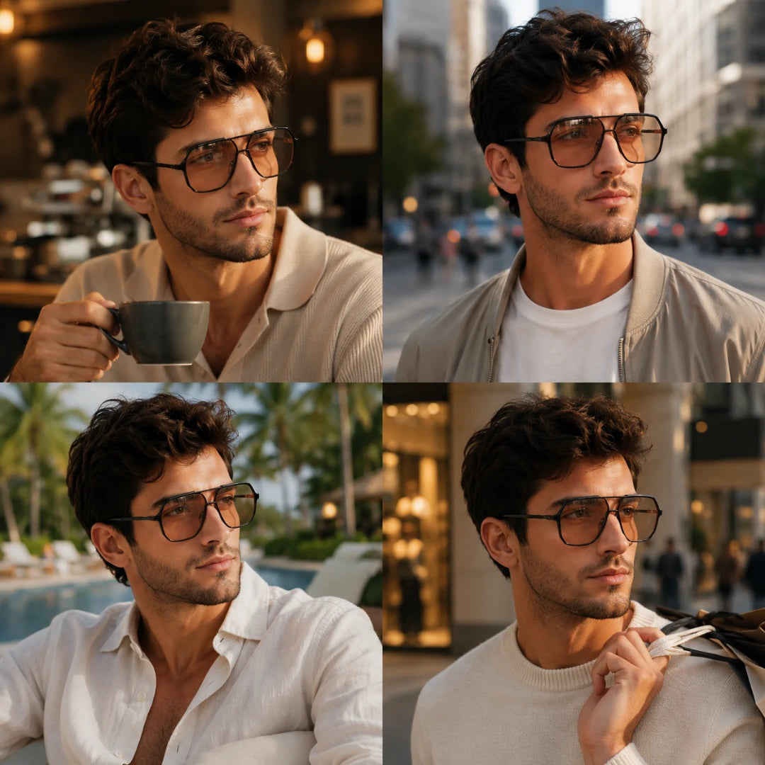 Josh & Tate - FlexFrame™ Bold Frame Glasses - A four-panel collage showing a man wearing thick black-framed eyeglasses in different outdoor and indoor settings. The panels include him holding a mug, standing on a city street, sitting by a pool, and wearing a sweater while adjusting the arms of the glasses.