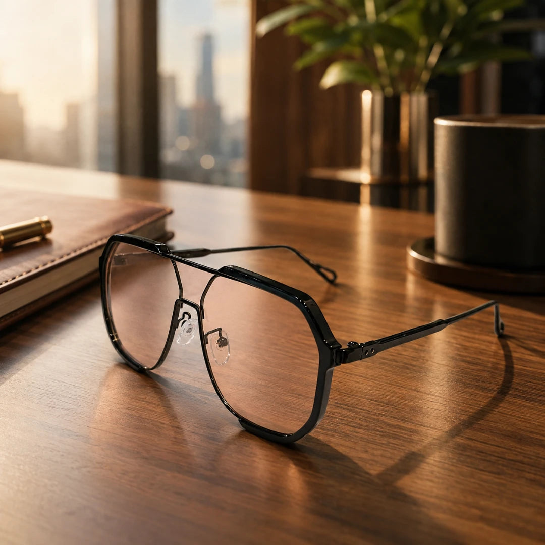 Josh & Tate - FlexFrame™ Bold Frame Glasses - A pair of oversized square aviator-style sunglasses with a glossy black frame and warm pink-tinted lenses, resting on a polished wooden desk in a warm, sunlit office setting.