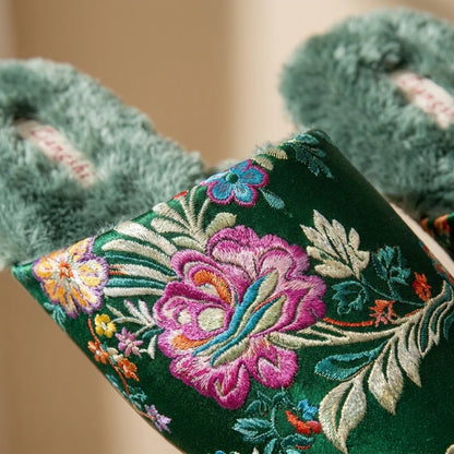 Josh & Tate - FloraStep™ Satin Fur-Lined Slipper - Embroidered floral design on a green fabric background