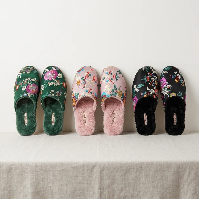 Josh & Tate - FloraStep™ Satin Fur-Lined Slipper - Set of floral-patterned slippers on a light background