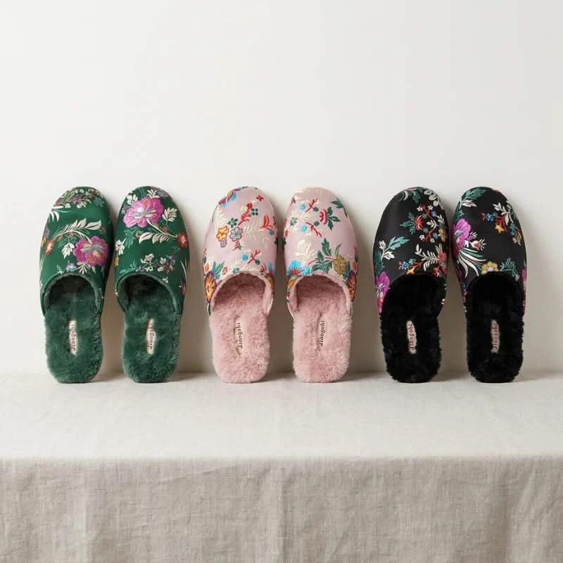 Josh & Tate - FloraStep™ Satin Fur-Lined Slipper - Set of floral-patterned slippers on a light background