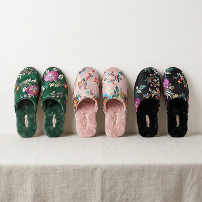 Josh & Tate - FloraStep™ Satin Fur-Lined Slipper - Set of floral-patterned slippers on a light background