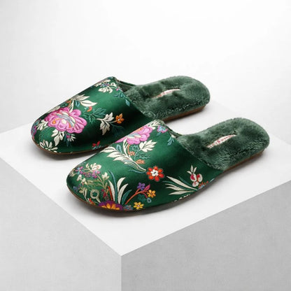 Josh & Tate - FloraStep™ Satin Fur-Lined Slipper - Green slippers with floral patterns on a white background