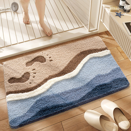 Decorative bath mat with wavy design on a wooden floor next to a bathtub.