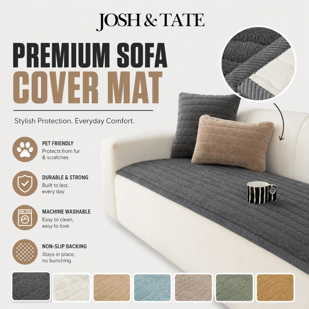 Josh & Tate - FluffLayer™ Plush Sofa Pad - Premium sofa cover mat with features and color options on a white background