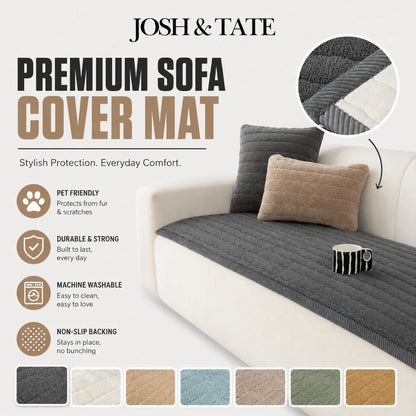 Josh & Tate - FluffLayer™ Plush Sofa Pad - Premium sofa cover mat with features and color options on a white background