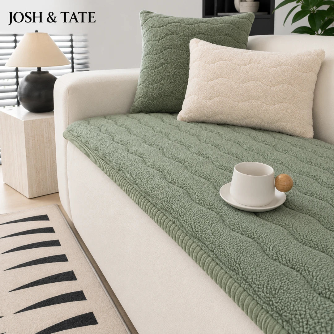 Josh & Tate - FluffLayer™ Plush Sofa Pad - Green sofa cover on a white sofa with cushions and a cup of coffee in a cozy living room.