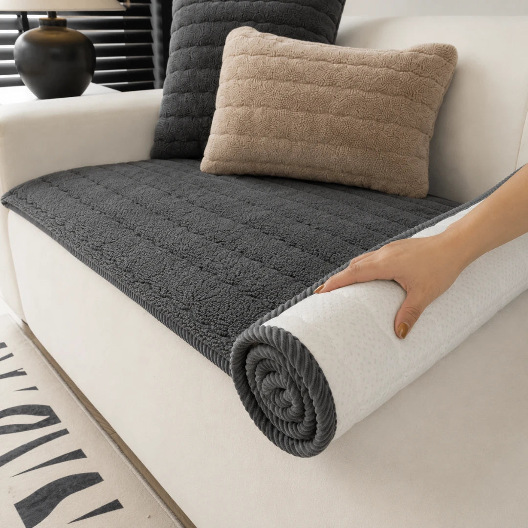 Josh & Tate - FluffLayer™ Plush Sofa Pad - Person unrolling a gray textured blanket on a white couch with pillows.
