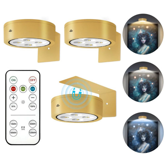 Gold wall-mounted light fixture with remote control and starry night scene inset.