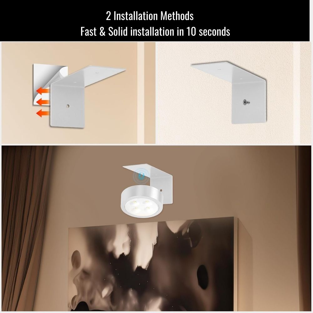 Ceiling light fixture installation method demonstration with text '2 Installation Methods Fast & Solid installation in 10 seconds'.