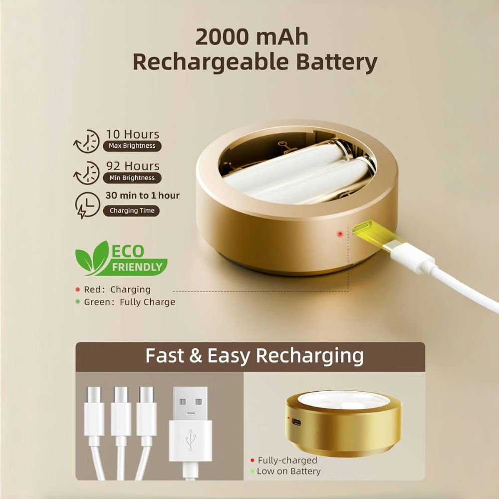 Rechargeable battery with charging cable and display indicators on a beige background