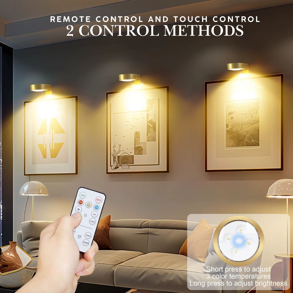 Living room with wall lights and a hand holding a remote control, emphasizing remote and touch control methods.