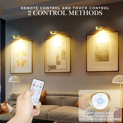 Living room with wall lights and a hand holding a remote control, emphasizing remote and touch control methods.