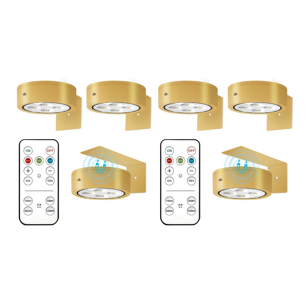 Set of gold outdoor wall lights with remote controls on a white background