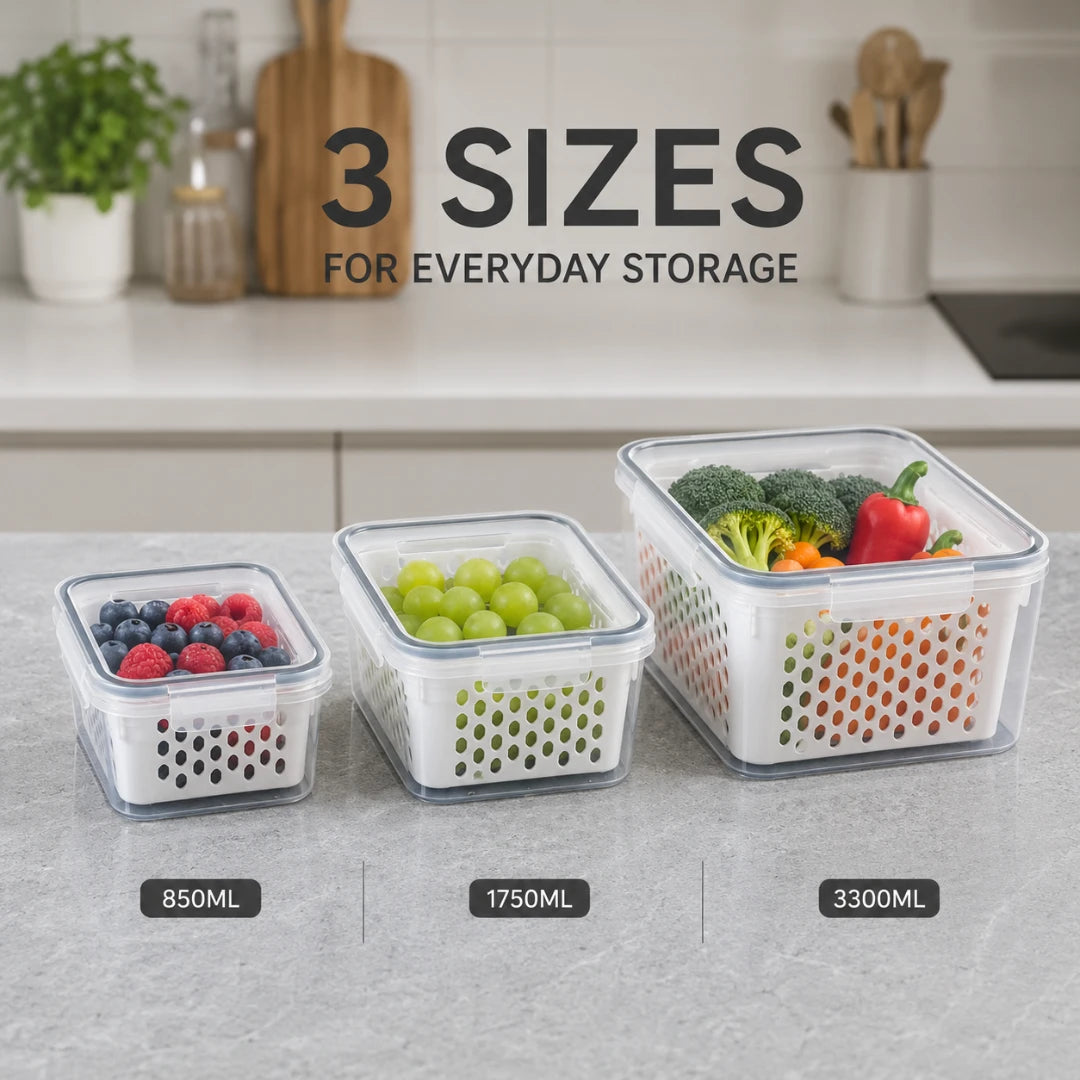 Josh & Tate - FreshBasket™ 3-in-1 Storage Set - Three clear plastic refrigerator storage baskets with white perforated bases shown in different sizes on a kitchen counter, filled with berries, grapes, and mixed vegetables. Text reads '3 SIZES FOR EVERYDAY STORAGE' with capacities 850ML, 1750ML, and 3300ML.