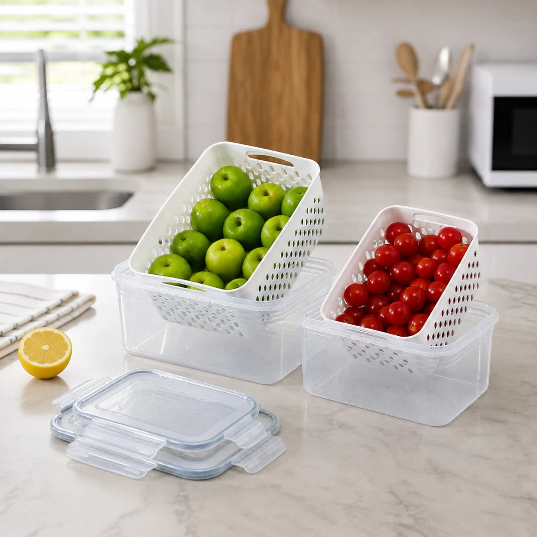 Josh & Tate - FreshBasket™ 3-in-1 Storage Set - Two clear plastic storage containers with white perforated baskets holding green apples and red cherry tomatoes, shown on a kitchen counter with matching lids in front.