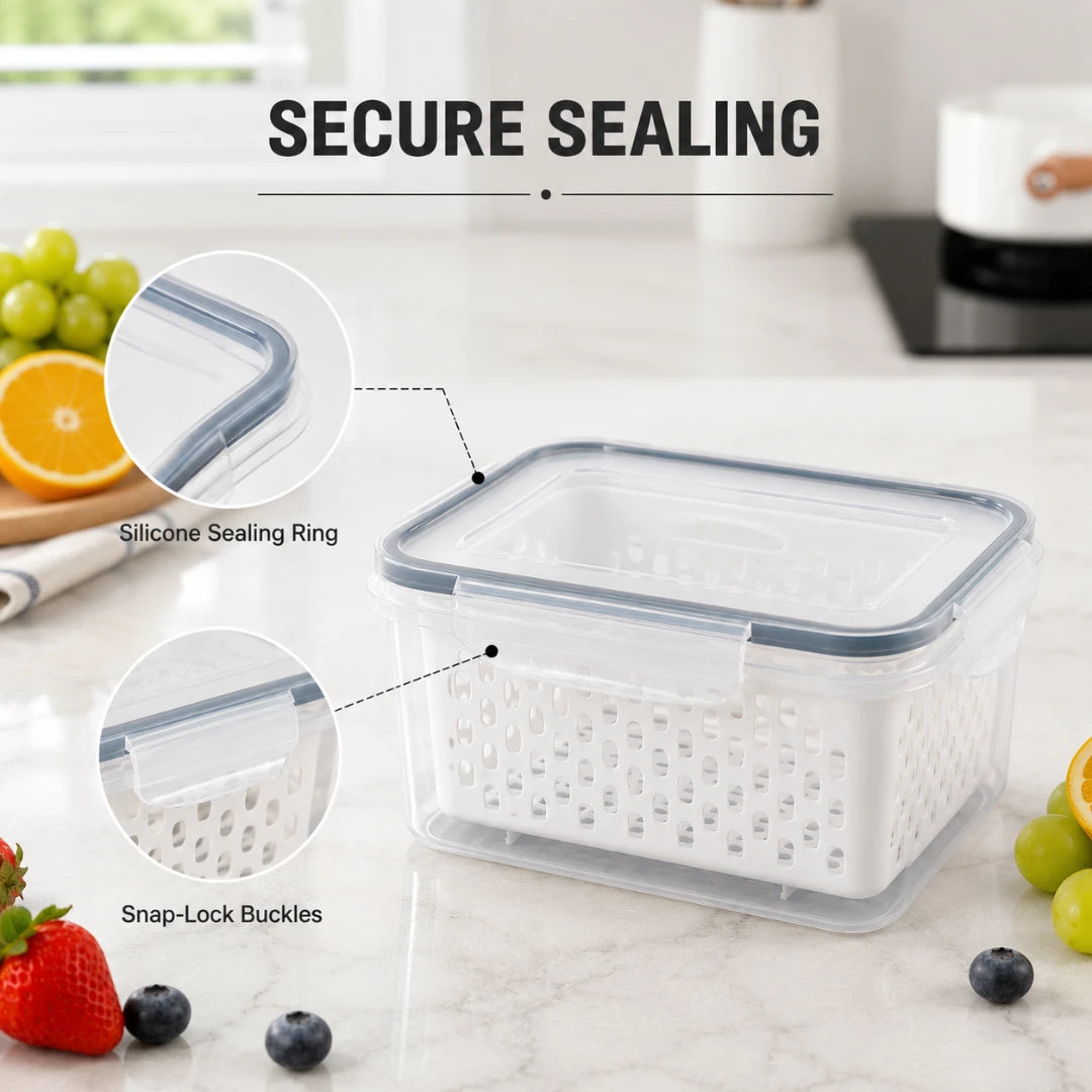 Josh & Tate - FreshBasket™ 3-in-1 Storage Set - A clear plastic storage basket with a white perforated base and a translucent lid, shown on a kitchen countertop with fruit around it. Callout circles highlight the silicone sealing ring and snap-lock buckles, with the text 'SECURE SEALING' above.