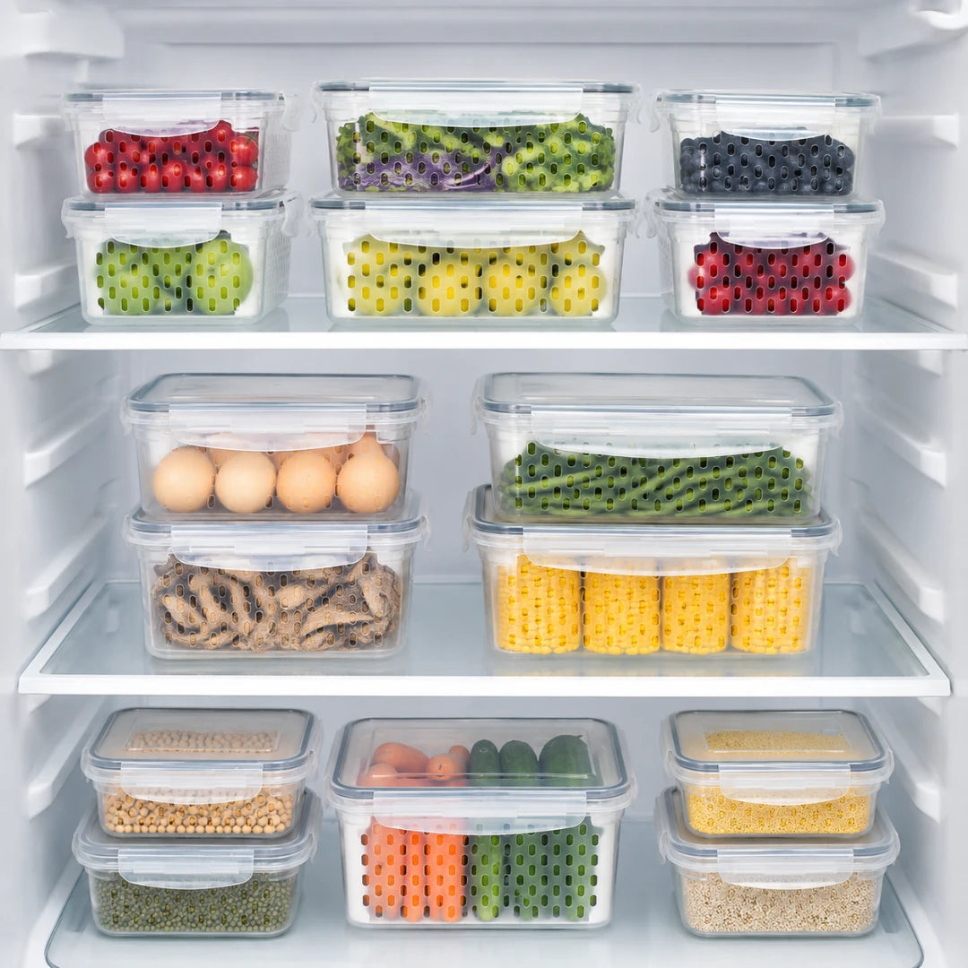 Josh & Tate - FreshBasket™ 3-in-1 Storage Set - Clear plastic food storage containers with snap lids arranged neatly on refrigerator shelves, holding colorful fruits, vegetables, eggs, beans, and grains.