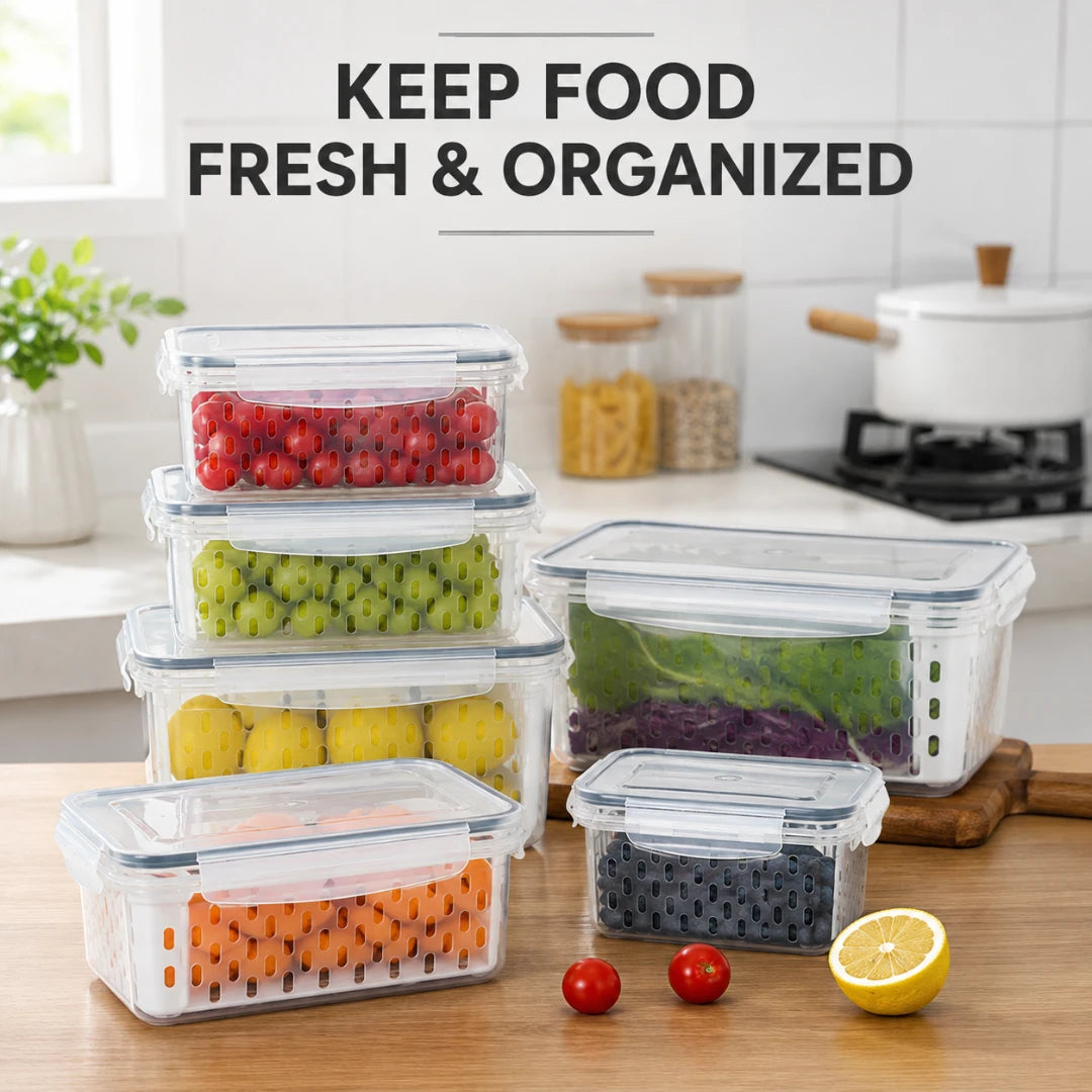 Josh & Tate - FreshBasket™ 3-in-1 Storage Set - Clear plastic food storage containers with transparent lids and vented holes, shown filled with colorful food items on a kitchen counter. Large text at the top reads 'KEEP FOOD FRESH & ORGANIZED'.