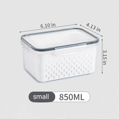 Josh & Tate - FreshBasket™ 3-in-1 Storage Set - A small clear plastic storage container with a perforated white bottom and a transparent lid, shown with dimension lines indicating 6.10 in by 4.